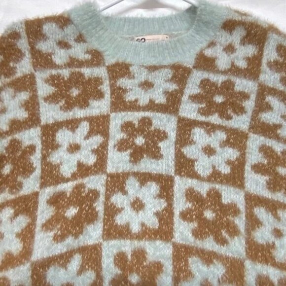 SO Fuzzy Sweater Women Med Mint + Brown Floral Crop Goods For Life Long Sleeve - Picture 13 of 13